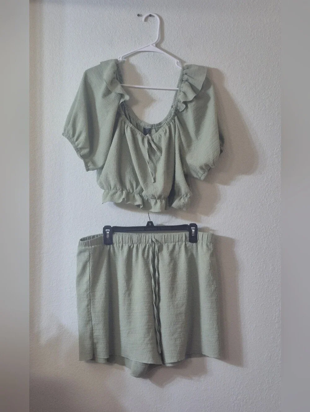 SHEIN Sage Green Ruffled Crop Top and Shorts Set